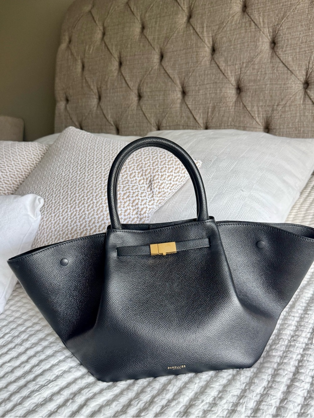 DeMellier Black Leather Top-Handle Tote with Gold Accent